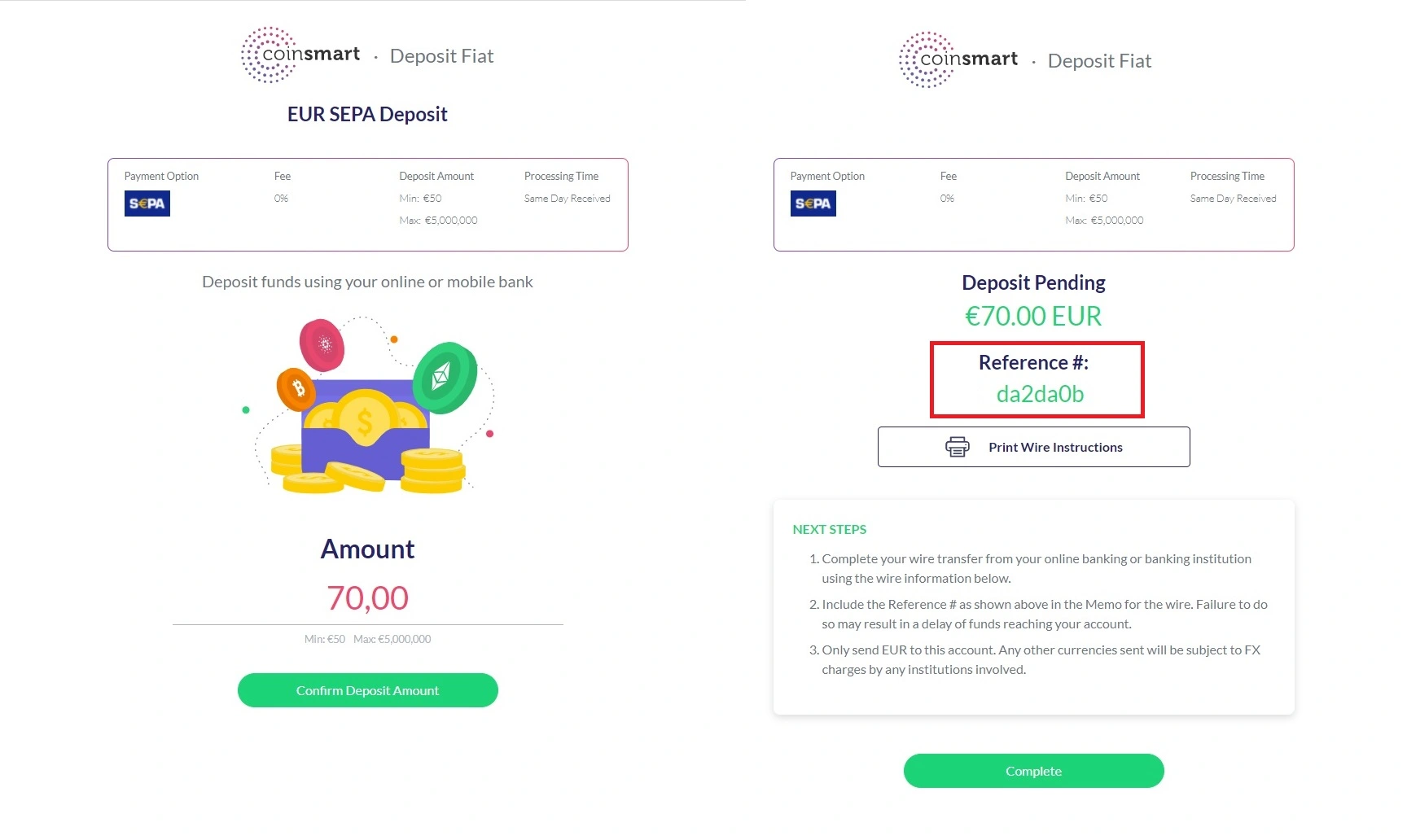 CoinSmart przelew w walucie euro.