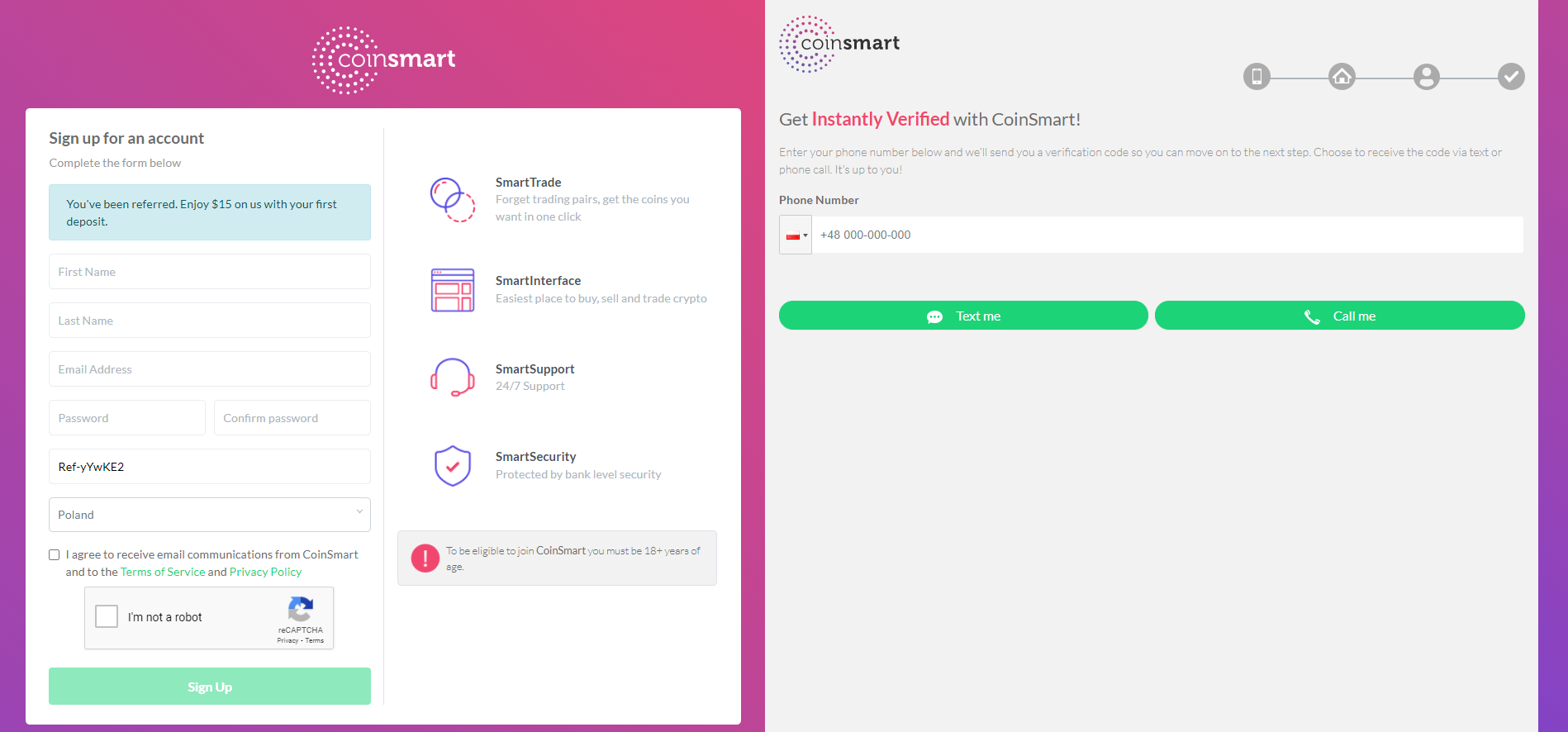 CoinSmart rejestracja nowego konta.
