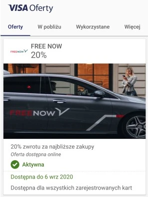 Free Now zniżka Visa Oferty
