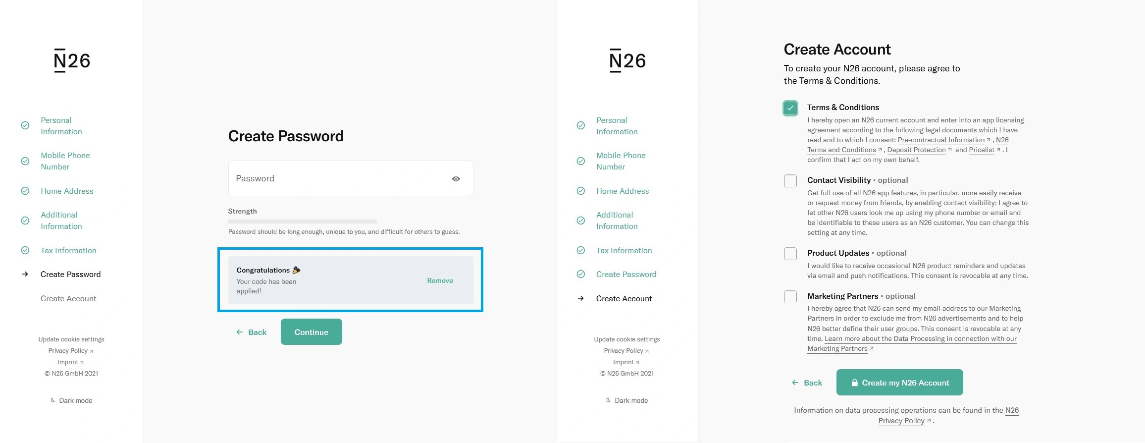 Rejestracja N26 - haslo i zgody