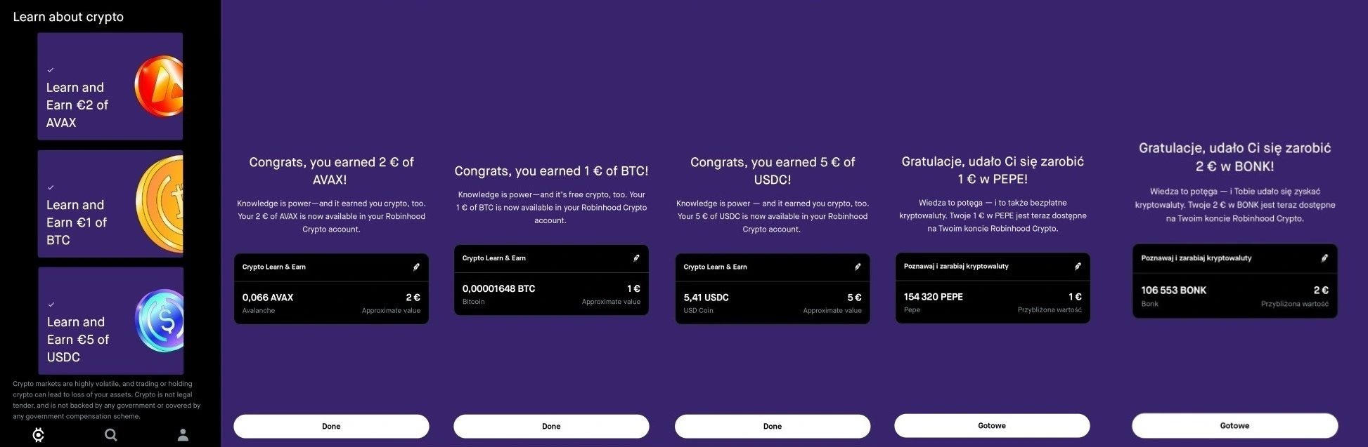 Robinhood Quiz USDC BTC AVAX 8 euro bonus
