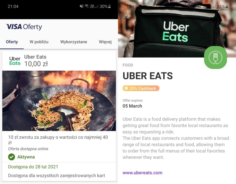 Uber Eats oferty cashback